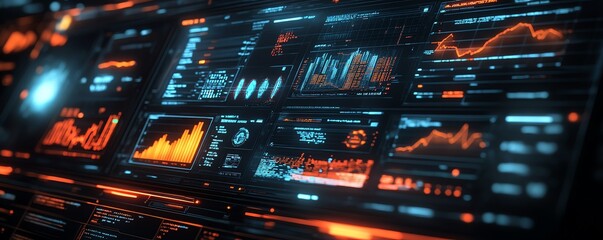 Fototapete - Futuristic financial dashboard displaying holographic 3D graphs and charts, dark space background, glowing data streams highlighting economic indicators