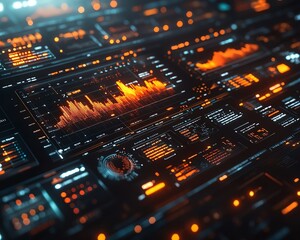 Poster - Futuristic financial dashboard with holographic 3D charts and graphs floating in dark space, glowing data streams and market indicators, hightech visualization of global economics