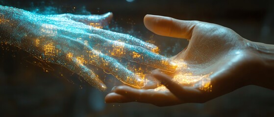 Poster - Futuristic hands engaging with a holographic data visualization interface, illuminated nodes symbolizing AI and machine learning in a sleek design
