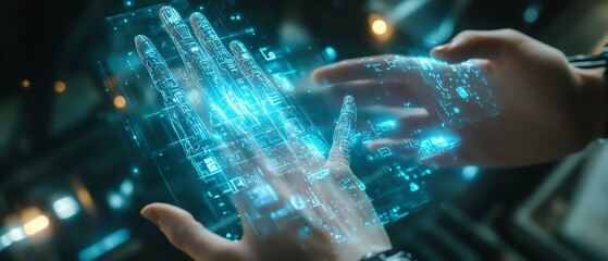 Poster - Futuristic hands engaging with a holographic data visualization interface, illuminated nodes symbolizing AI and machine learning in a sleek design
