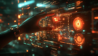 Leinwandbilder - Futuristic hands interacting with glowing nodes on a holographic interface, showcasing abstract data visualization of AI and machine learning technology