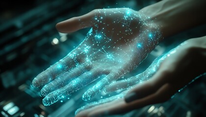 Poster - Futuristic hands interacting with glowing nodes on a holographic interface, showcasing abstract data visualization of AI and machine learning technology