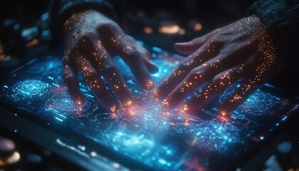 Leinwandbilder - Futuristic hands interacting with glowing nodes on a holographic interface, showcasing abstract data visualization of AI and machine learning technology