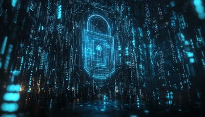 Aufkleber - Futuristic padlock design with radiant blue circuitry, dark background filled with binary code, emphasizing data protection and cybersecurity