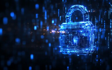 Aufkleber - Futuristic padlock illuminated by blue circuits, dark background with flowing binary code, showcasing cybersecurity and data protection technology