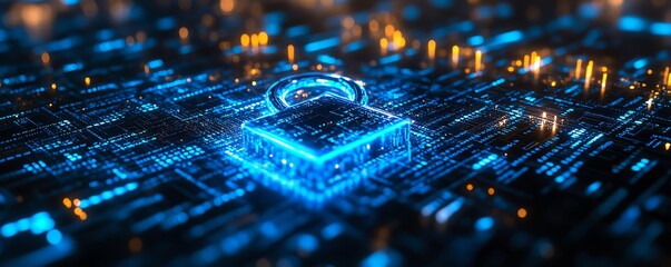 Poster - Glowing blue circuit digital padlock on a dark background, interwoven with binary code, highlighting the importance of cybersecurity and data safety