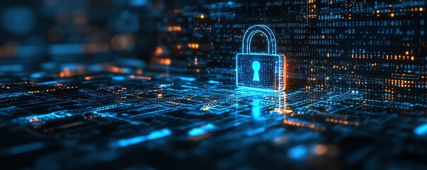 Poster - Glowing blue circuit digital padlock on a dark background, interwoven with binary code, highlighting the importance of cybersecurity and data safety