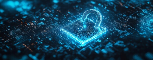 Poster - Glowing blue circuit digital padlock on a dark background, interwoven with binary code, highlighting the importance of cybersecurity and data safety