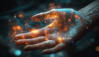 Aufkleber - Hands interacting with a holographic interface in a futuristic data visualization setting, showcasing glowing nodes and abstract representations of AI and machine learning