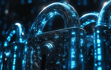 Fototapete - Hightech digital padlock with radiant blue circuits against a dark background, binary code cascading, representing the essence of cybersecurity