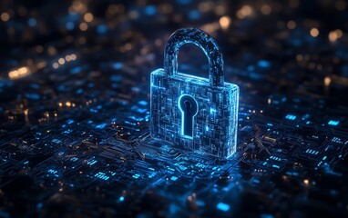 Fototapete - Hightech digital padlock with radiant blue circuits against a dark background, binary code cascading, representing the essence of cybersecurity