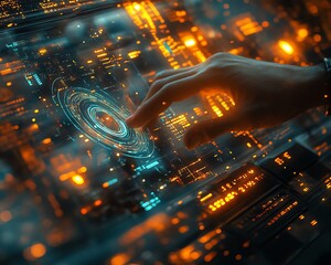 Leinwandbilder - Hightech environment featuring hands manipulating a holographic interface, glowing nodes, and abstract data visualizations of AI and machine learning
