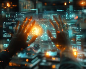 Leinwandbilder - Hightech environment featuring hands manipulating a holographic interface, glowing nodes, and abstract data visualizations of AI and machine learning