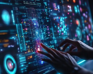 Leinwandbilder - Hightech scene with hands controlling a holographic interface, glowing nodes symbolizing abstract AI and machine learning visualizations in a sleek design