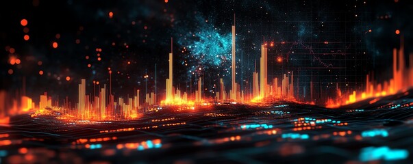 Holographic 3D financial visualization with charts and graphs, dark space backdrop, radiant data streams and market indicators for global economics