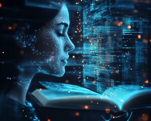 Fototapete - Holographic book projections in a futuristic digital learning environment, with an AI tutor avatar and abstract data visualizations, sleek and modern design