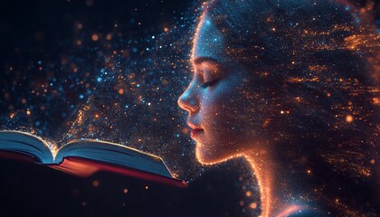 Aufkleber - Holographic book projections in a modern digital learning interface, with an AI tutor avatar and minimalist abstract data visualizations for enhanced education