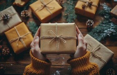 Hands holding a wrapped gift surrounded by holiday decorations and presents in a cozy setting