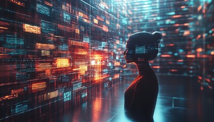 Aufkleber - Sleek digital learning environment featuring holographic books, an AI tutor avatar, and dynamic abstract data visualizations in a minimalist style