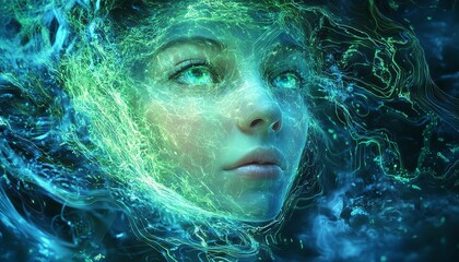 Poster - AI face emerging from a mystical blue light swirl, intricate green circuits surrounding it, depth of field blur enhancing the surreal digital portrait