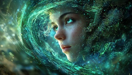 Poster - AI face emerging from a mystical blue light swirl, intricate green circuits surrounding it, depth of field blur enhancing the surreal digital portrait