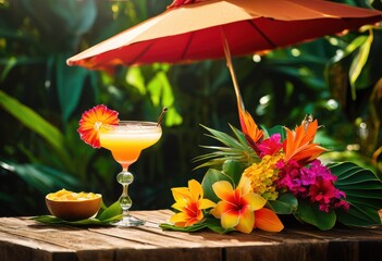 vibrant tropical cocktail colorful umbrella lush greenery bright flowers, beverage, refreshing, drink, summer, exotic, citrus, ice, garnish, pineapple