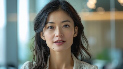 Poster - Asian woman in office speaking to camera.