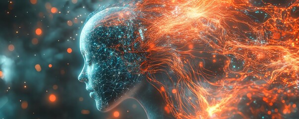 Aufkleber - Digital cosmos featuring an ethereal AI entity, illuminated circuits, and neural network tendrils, with flowing abstract data streams in a holographic interface
