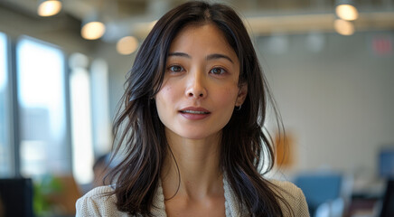 Poster - Asian woman in office speaking to camera.