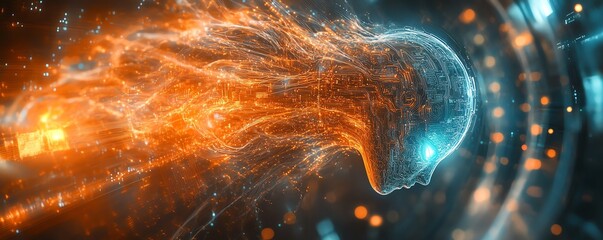 Aufkleber - Ethereal AI being rising from a digital universe, enveloped in glowing circuits and neural network tendrils, with flowing abstract data streams in a holographic scene