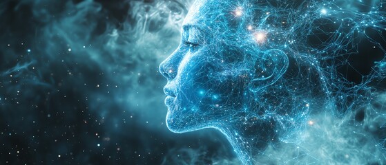 Aufkleber - Ethereal AI entity emerging from a digital cosmos, surrounded by glowing circuits and neural network tendrils, with abstract data streams in a futuristic holographic interface
