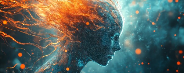 Aufkleber - Ethereal AI being rising from a digital universe, enveloped in glowing circuits and neural network tendrils, with flowing abstract data streams in a holographic scene