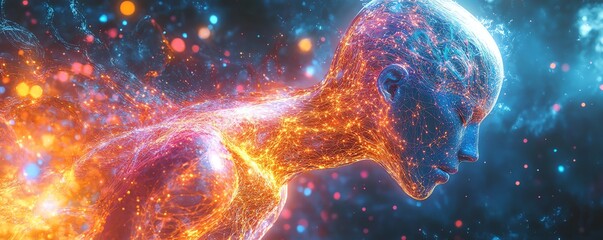 Aufkleber - Ethereal AI entity manifesting in a vibrant digital cosmos, glowing circuits, and neural network tendrils interconnecting with abstract data streams and holographic visuals
