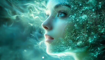 Poster - Ethereal AI visage rising from swirling blue light, intricate green circuits enveloping it, with a dreamy depth of field blur for a surreal digital portrait
