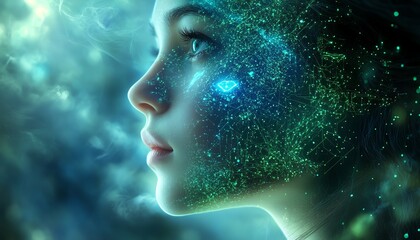 Poster - Ethereal AI visage rising from swirling blue light, intricate green circuits enveloping it, with a dreamy depth of field blur for a surreal digital portrait