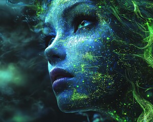 Poster - Ethereal face of an AI emerging from flowing blue light tendrils, with complex green circuit patterns, depth of field blur for a surreal portrait effect