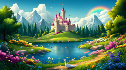 Poster - A vibrant fantasy landscape with a castle, flowers, and a rainbow.