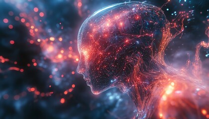 Aufkleber - Futuristic digital universe with an ethereal AI entity, glowing circuits and neural network tendrils, interacting with abstract data streams in a sleek holographic interface