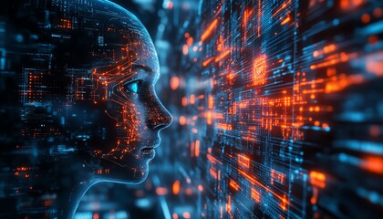 Aufkleber - Futuristic digital universe with an ethereal AI entity, glowing circuits and neural network tendrils, interacting with abstract data streams in a sleek holographic interface