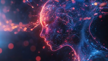 Aufkleber - Futuristic digital universe with an ethereal AI entity, glowing circuits and neural network tendrils, interacting with abstract data streams in a sleek holographic interface