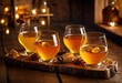 © Yaroslava - artistic close exquisite mead tasting flight featuring transparent glass cups vivid golden honey amber hues nestled rustic wooden board, color, texture, drink