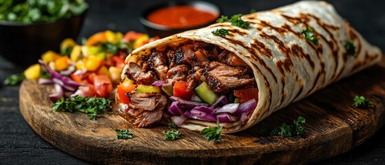 Savory closeup of a freshly made shawarma wrap on a rustic wooden board, highlighting colorful vegetables and tender grilled meat