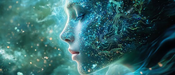Poster - Surreal digital portrait showcasing an ethereal AI face, surrounded by dynamic blue light tendrils and intricate green circuits, with soft focus blur