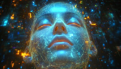 Aufkleber - AI entity emerging from a cosmic digital realm, surrounded by luminous circuits and neural network tendrils, abstract data streams in a futuristic holographic setup