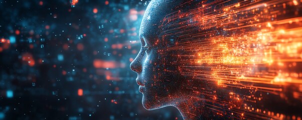 Aufkleber - AI entity emerging from a vibrant digital cosmos, surrounded by radiant circuits, neural network tendrils, and abstract data streams in a holographic display