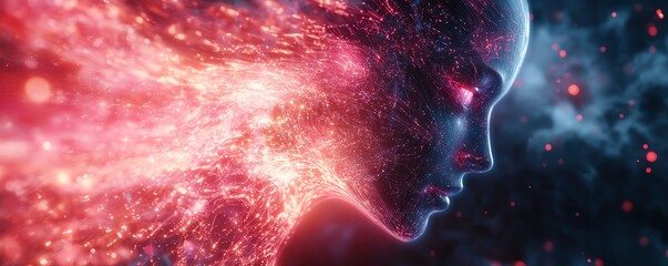 Aufkleber - AI entity emerging from a vibrant digital cosmos, surrounded by radiant circuits, neural network tendrils, and abstract data streams in a holographic display