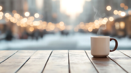 A steaming cup of coffee sits on a wooden table, with a blurred cityscape adorned with twinkling lights in the background, creating a warm and inviting atmosphere.