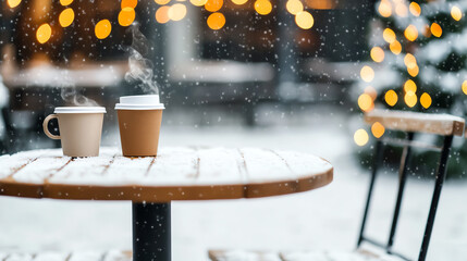 Two steaming coffee cups sit on a wooden table in a snow-covered outdoor setting, surrounded by glowing festive lights and falling snowflakes, creating a cozy winter atmosphere.