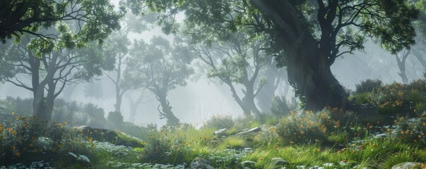 Poster - Ancient grove sanctuary in mist, 4K hyperrealistic photo