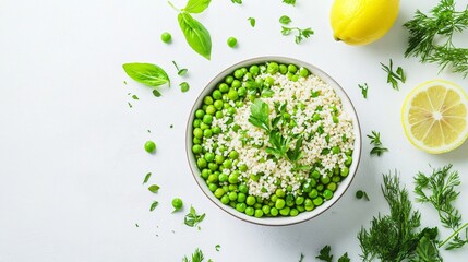 A bowl of green peas and couscous with lemon and herbs, floating on a clean white background with subtle geometric decorative elements